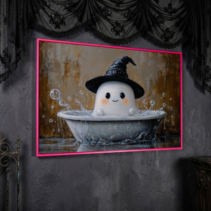 Ghost Bath Time Canvas Print in pink floating frame