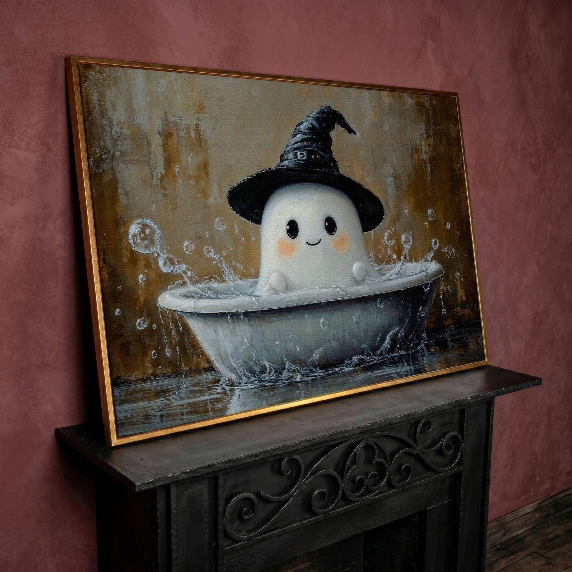 Ghost Bath Time Canvas Print in rose gold floating frame