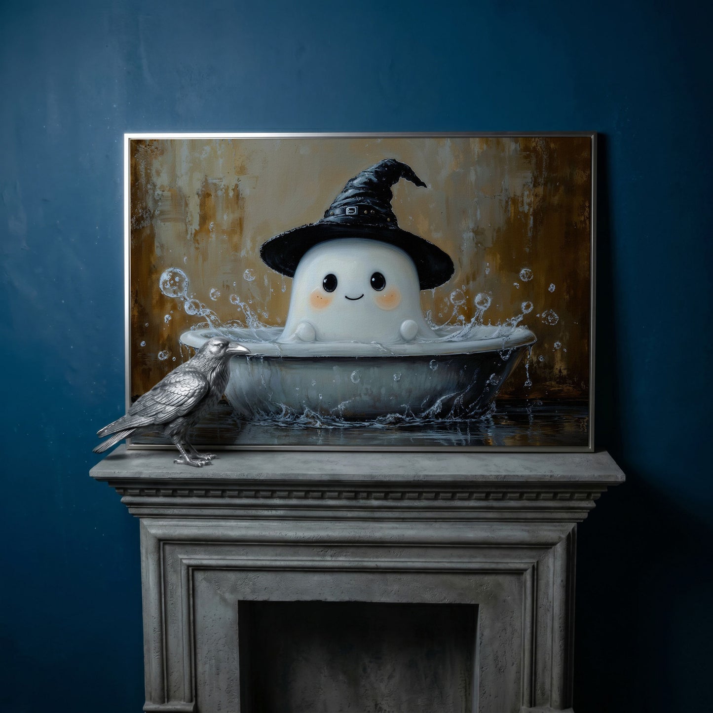 Ghost Bath Time Canvas Print in silver floating frame