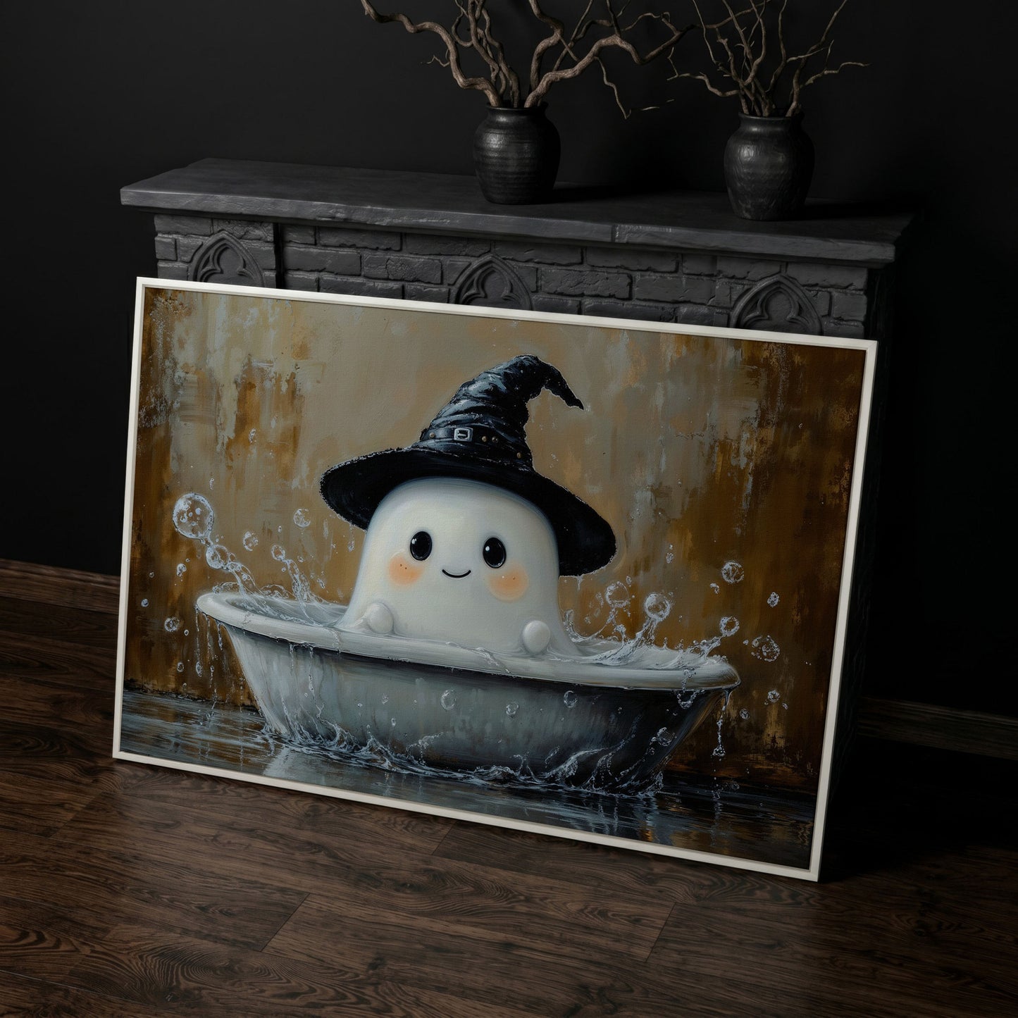 Ghost Bath Time Canvas Print in white floating frame