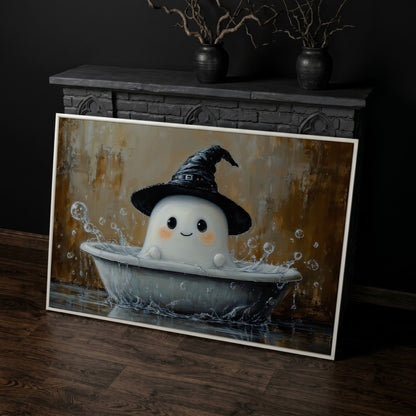 Ghost Bath Time Canvas Print in white floating frame