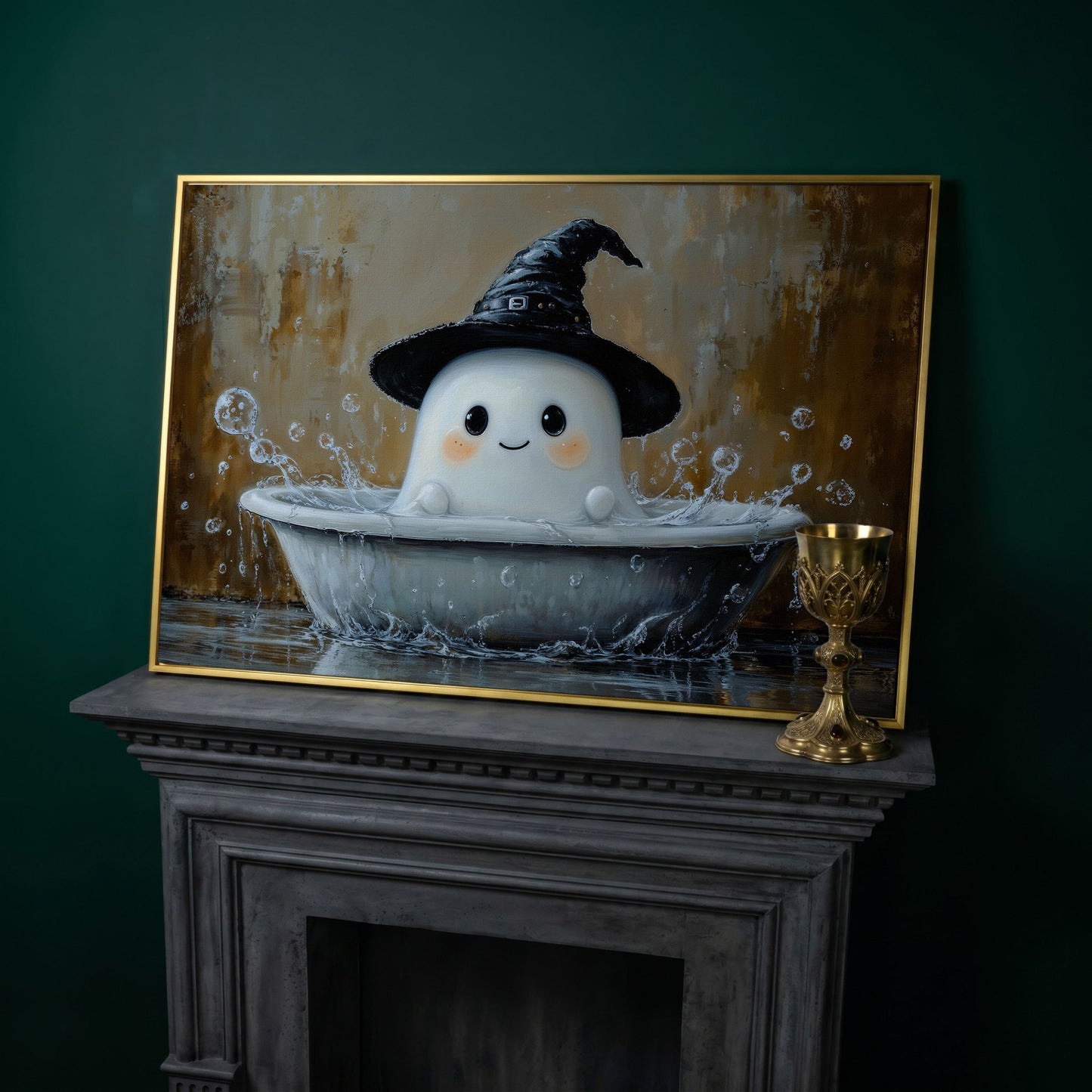 Ghost Bath Time Canvas Print in yellow gold floating frame