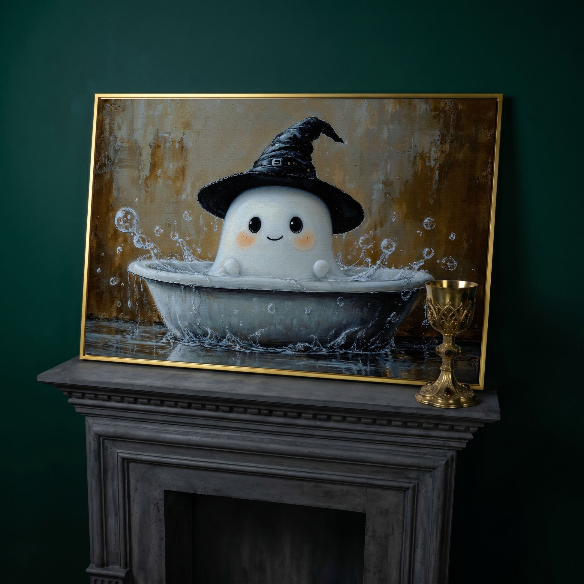 Ghost Bath Time Canvas Print in yellow gold floating frame