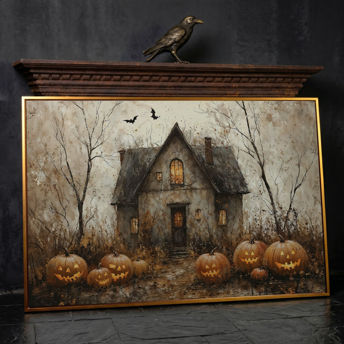 Haunted House Canvas with Pumpkins in antique gold floating frame