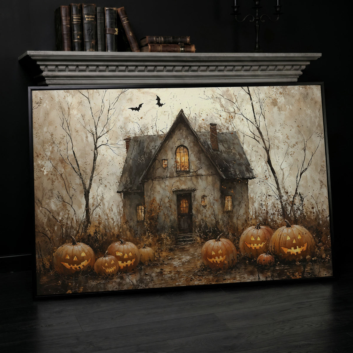 Haunted House Canvas with Pumpkins in black floating frame
