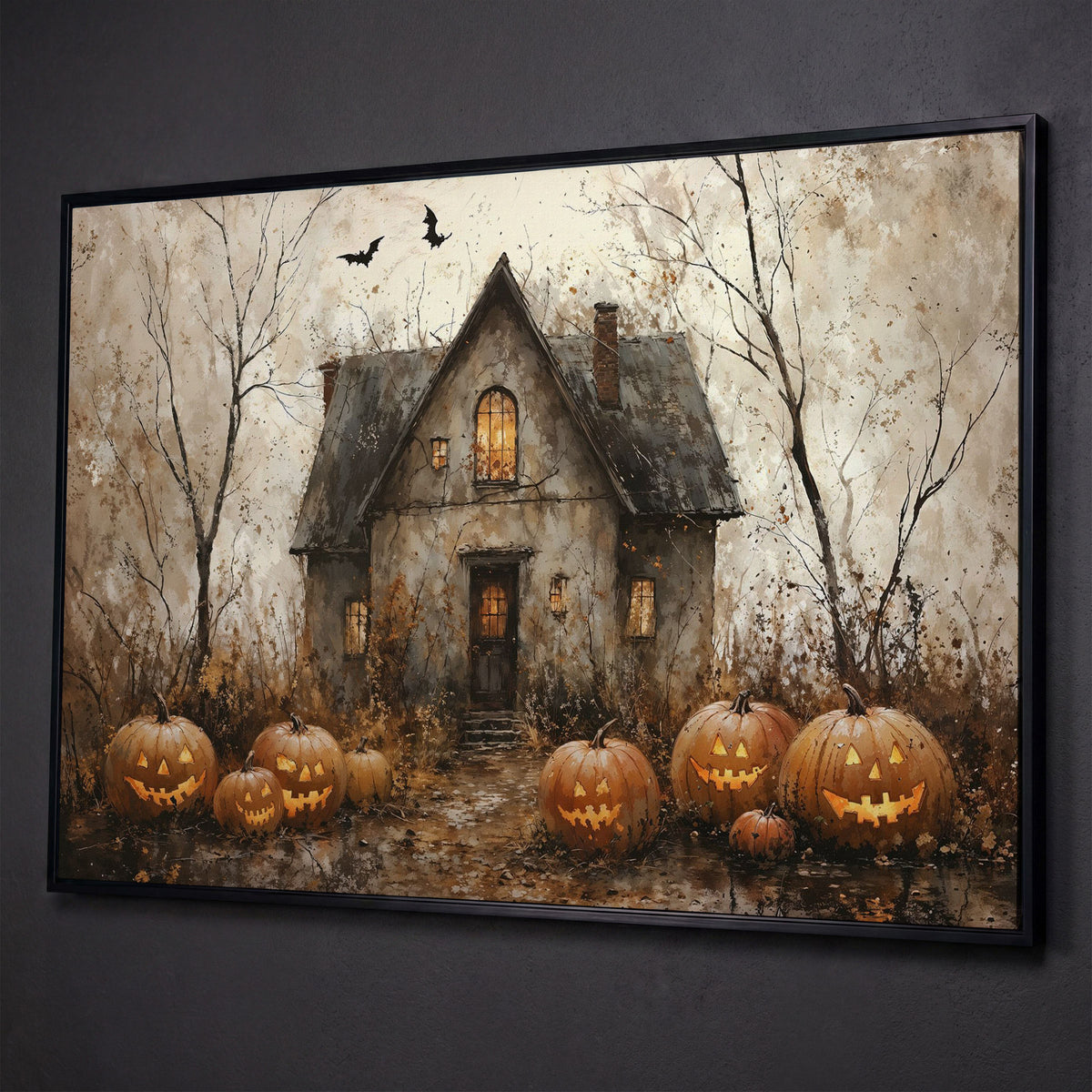 Haunted House Canvas with Pumpkins shown in black floating frame