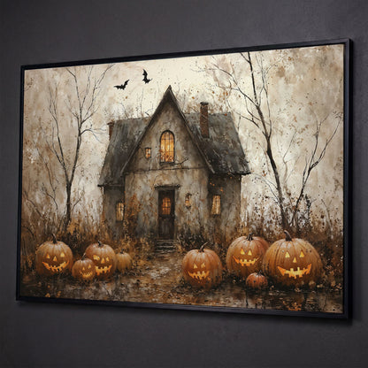 Haunted House Canvas with Pumpkins shown in black floating frame