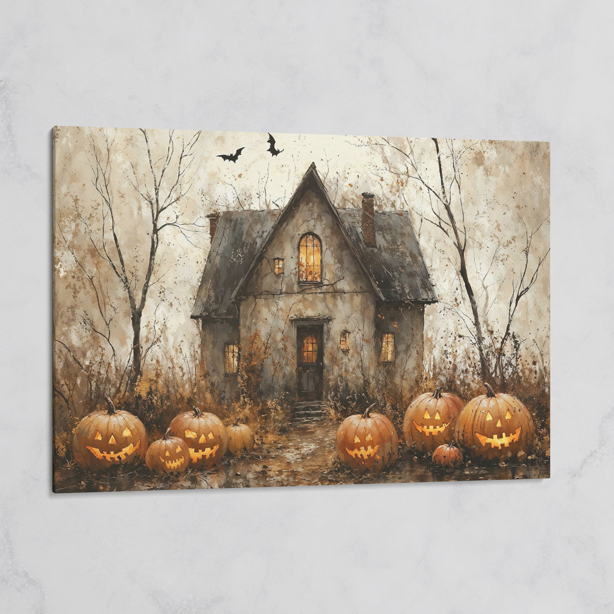 Haunted House Canvas with Pumpkins on gallery wrap