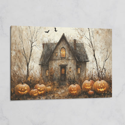 Haunted House Canvas with Pumpkins on gallery wrap