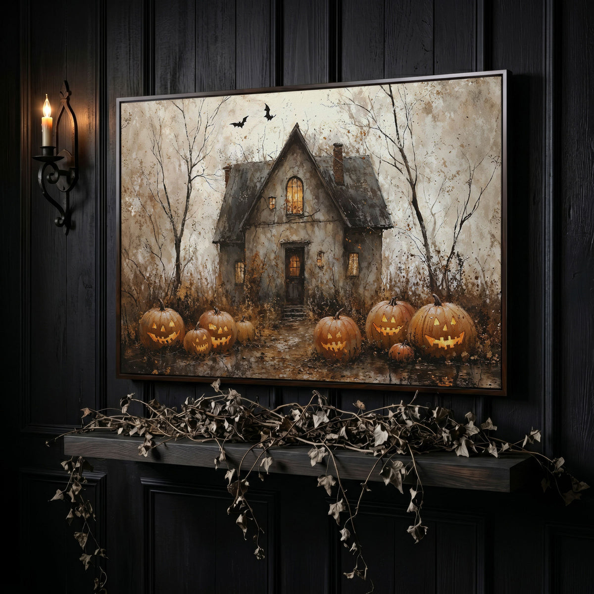 Haunted House Canvas with Pumpkins in dark walnut floating frame