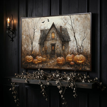 Haunted House Canvas with Pumpkins in dark walnut floating frame