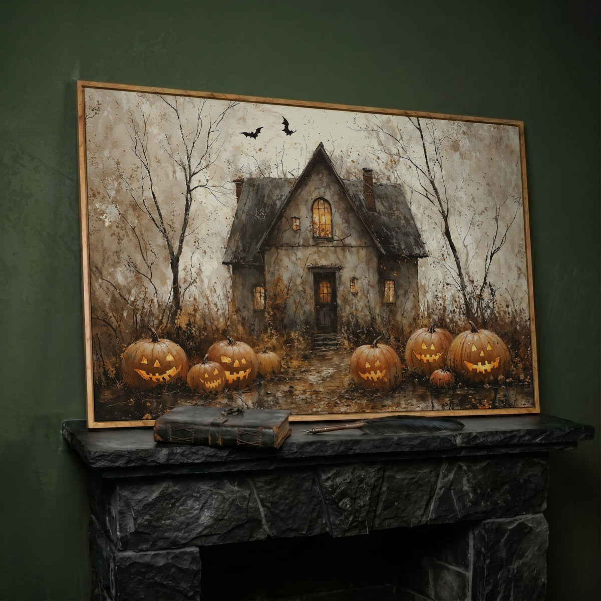 Haunted House Canvas with Pumpkins in white oak floating frame