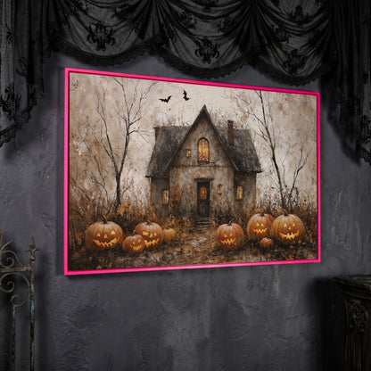 Haunted House Canvas with Pumpkins in pink floating frame