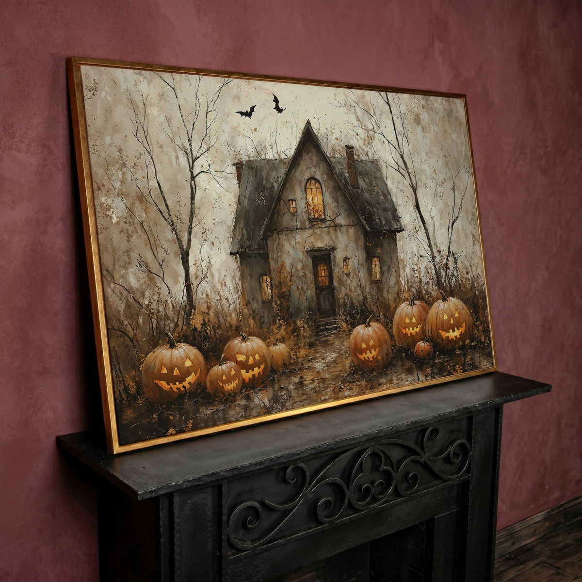 Haunted House Canvas with Pumpkins in rose gold floating frame