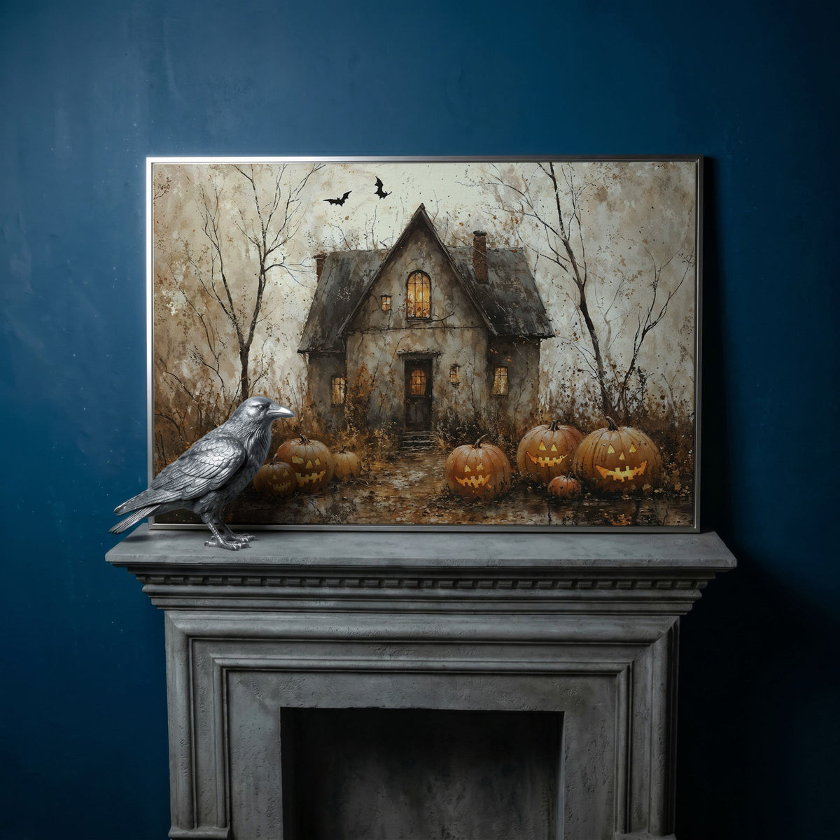 Haunted House Canvas with Pumpkins in silver floating frame