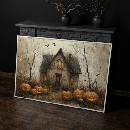 Haunted House Canvas with Pumpkins in white floating frame