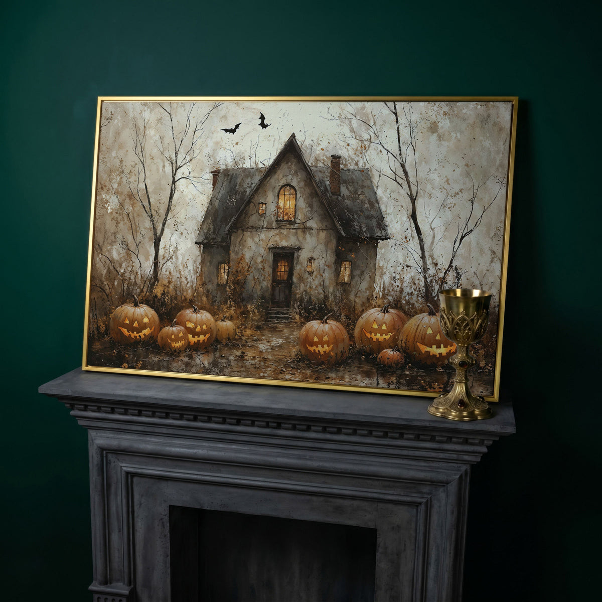 Haunted House Canvas with Pumpkins in yellow gold floating frame