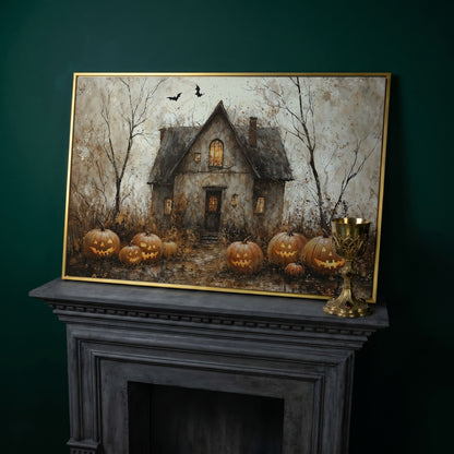 Haunted House Canvas with Pumpkins in yellow gold floating frame