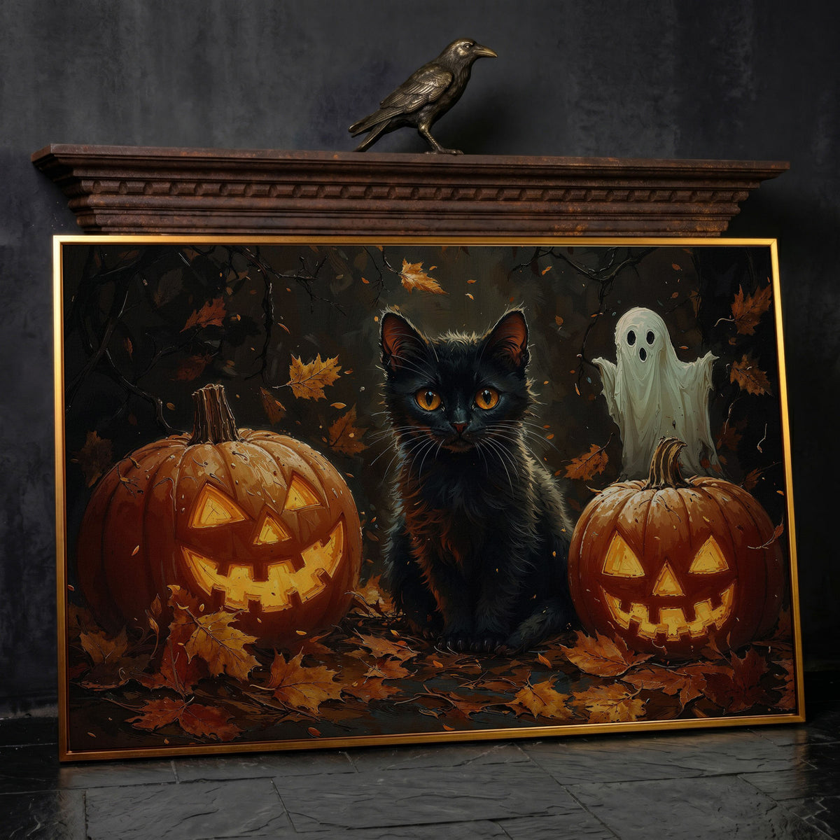 Black Cat and Jack O'Lantern Halloween Canvas in antique gold floating frame