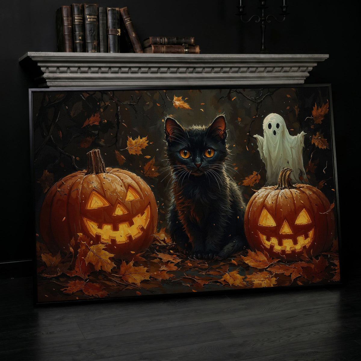 Black Cat and Jack O'Lantern Halloween Canvas in black floating frame