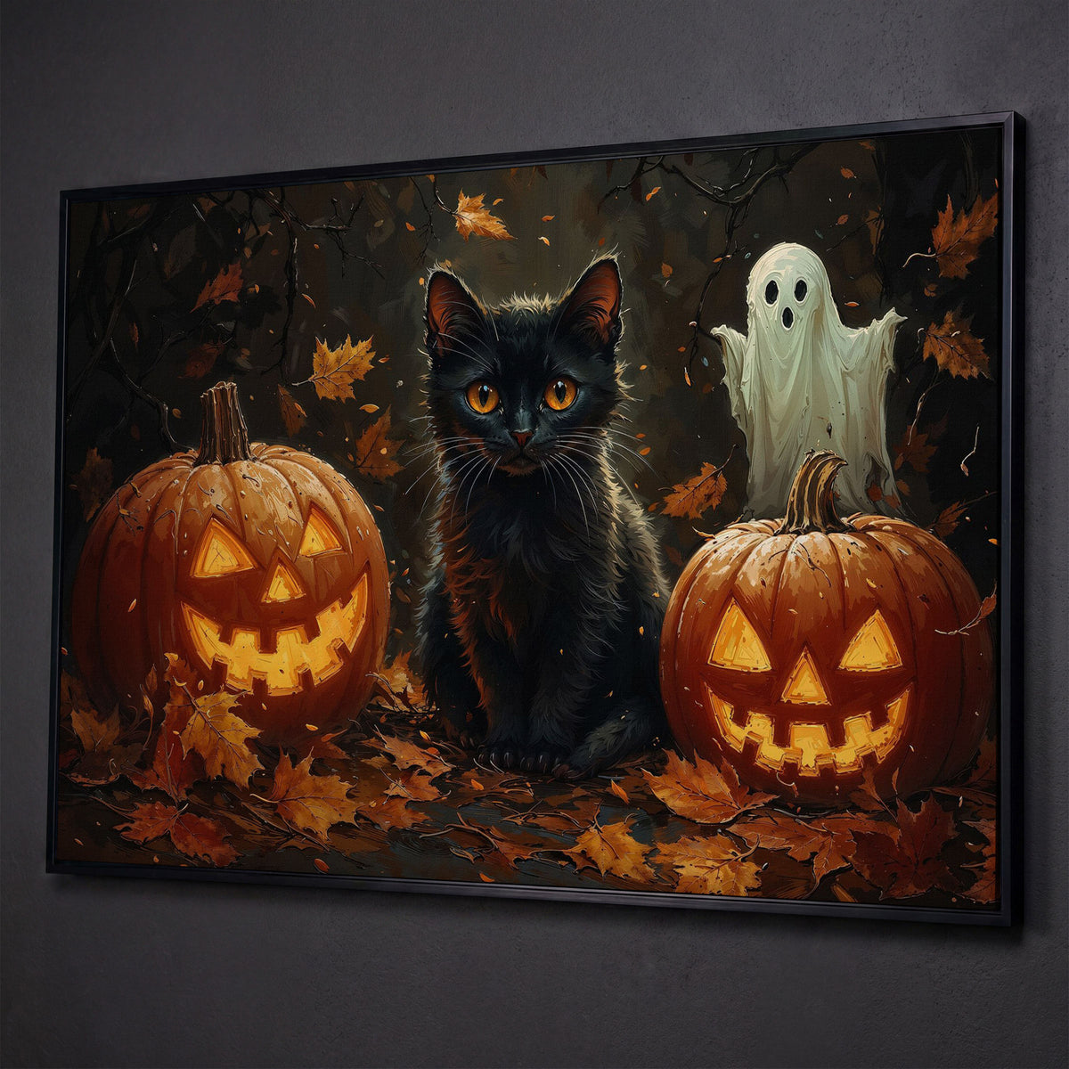Black Cat and Jack O'Lantern Halloween Canvas shown in black floating frame