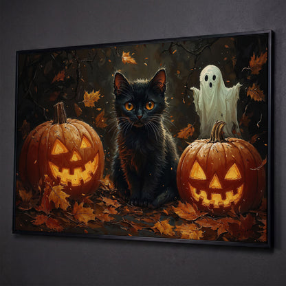 Black Cat and Jack O'Lantern Halloween Canvas shown in black floating frame