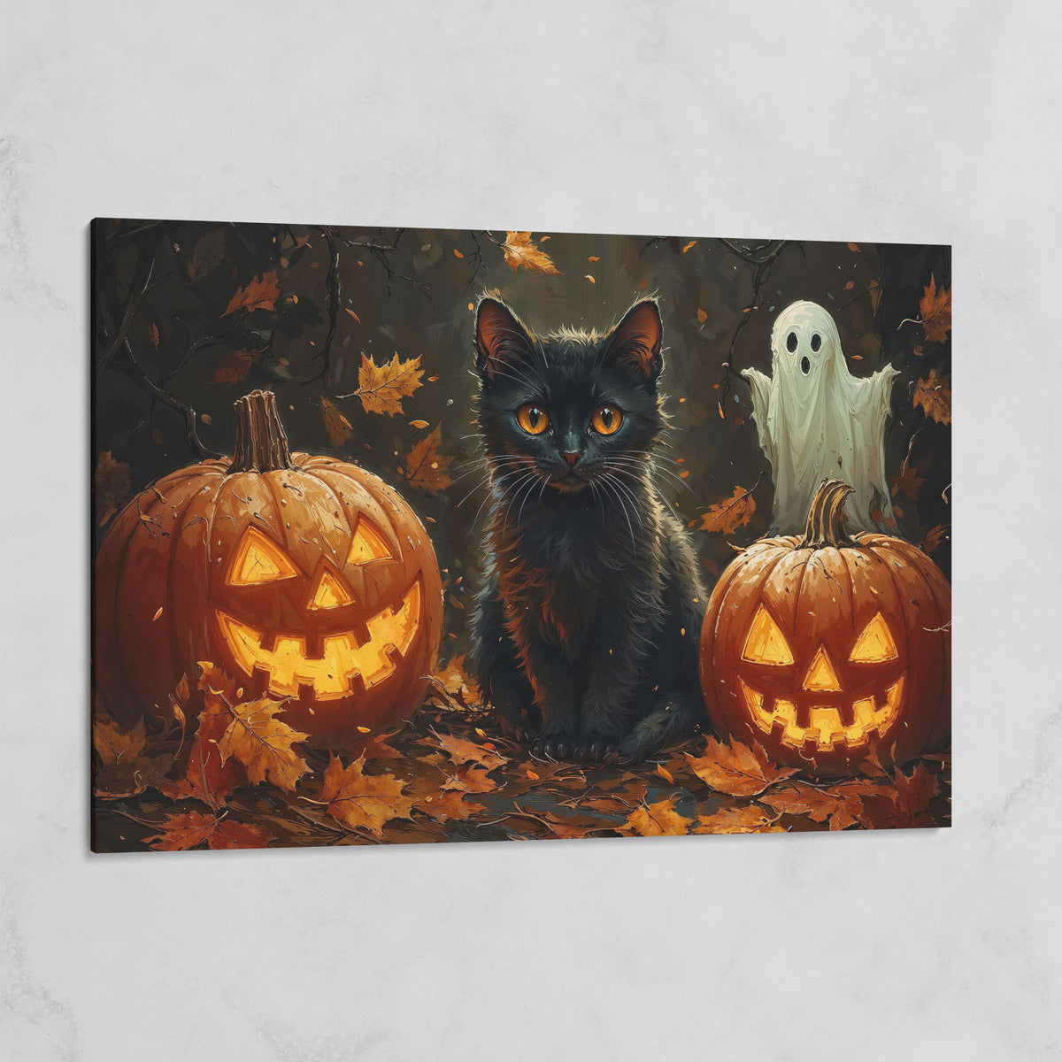 Black Cat and Jack O'Lantern Halloween Canvas on gallery wrap
