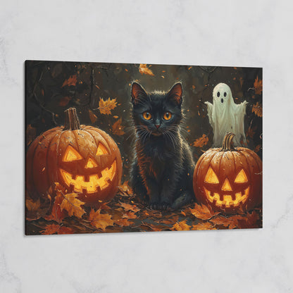 Black Cat and Jack O'Lantern Halloween Canvas on gallery wrap