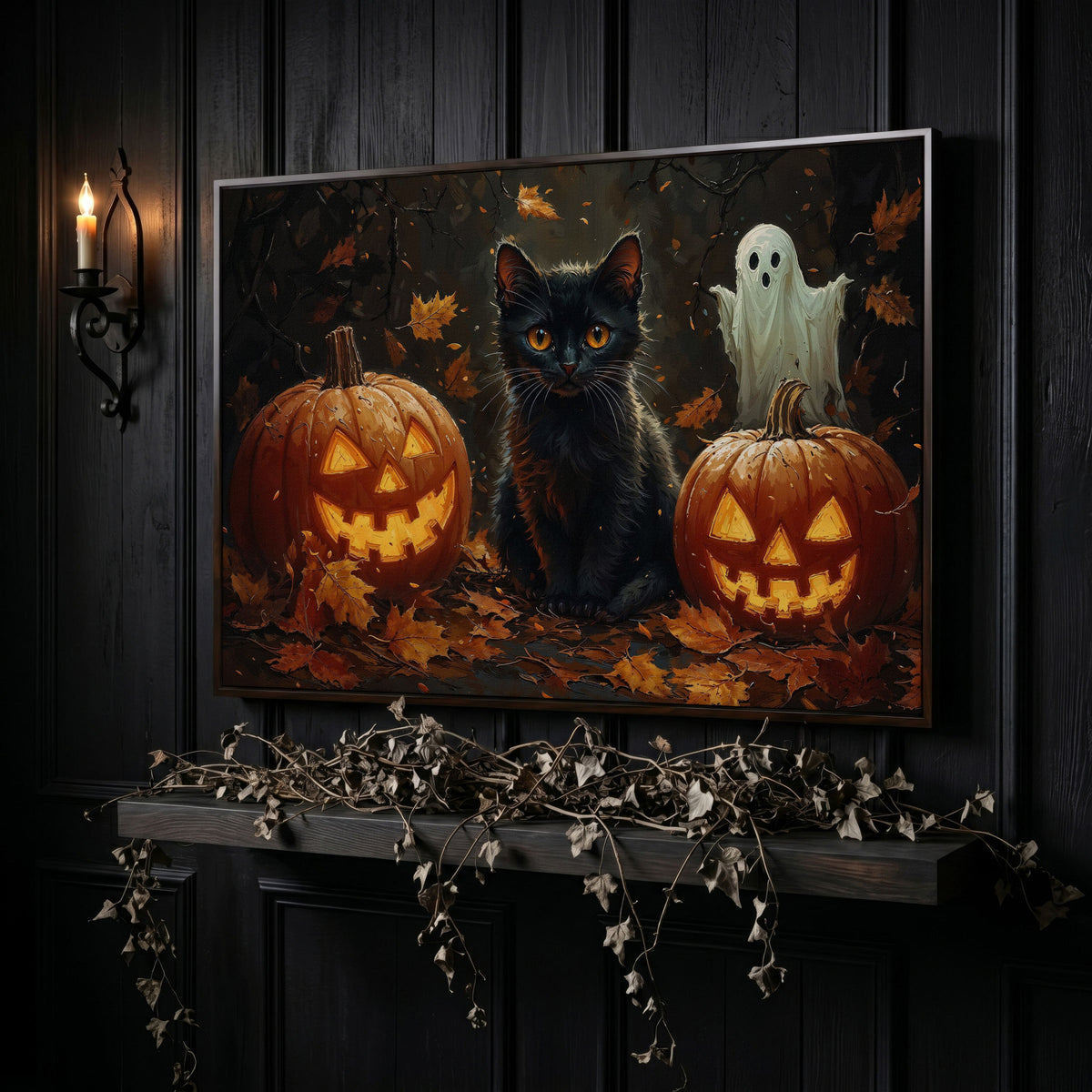 Black Cat and Jack O'Lantern Halloween Canvas in dark walnut floating frame