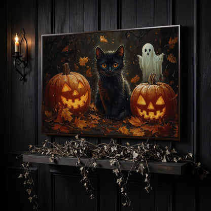 Black Cat and Jack O'Lantern Halloween Canvas in dark walnut floating frame