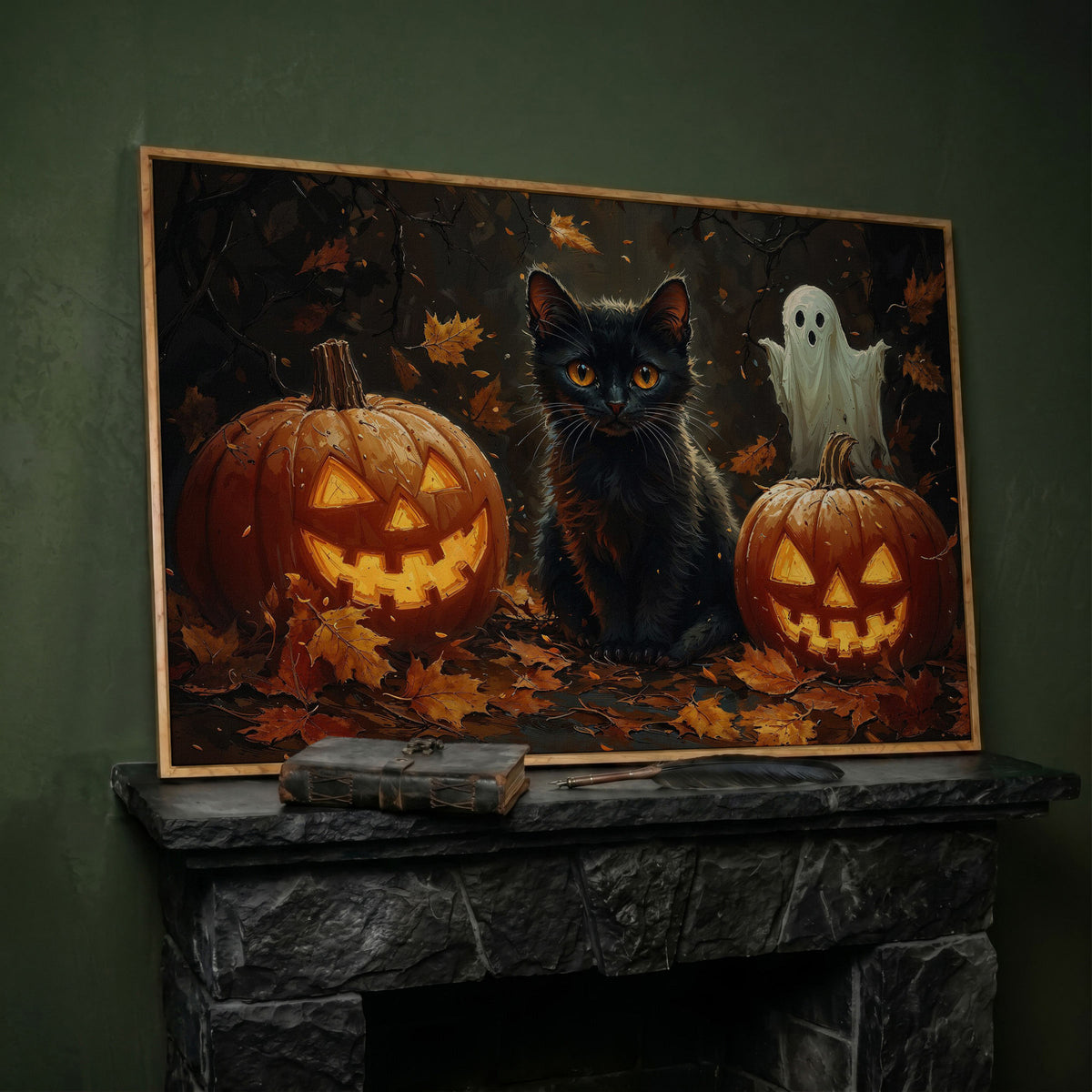 Black Cat and Jack O'Lantern Halloween Canvas in white oak floating frame