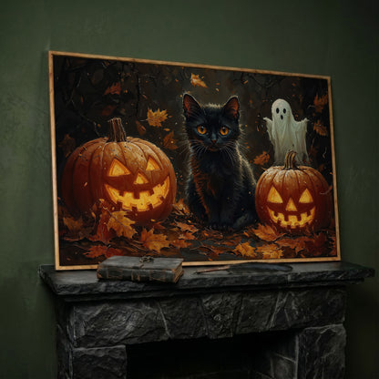 Black Cat and Jack O'Lantern Halloween Canvas in white oak floating frame