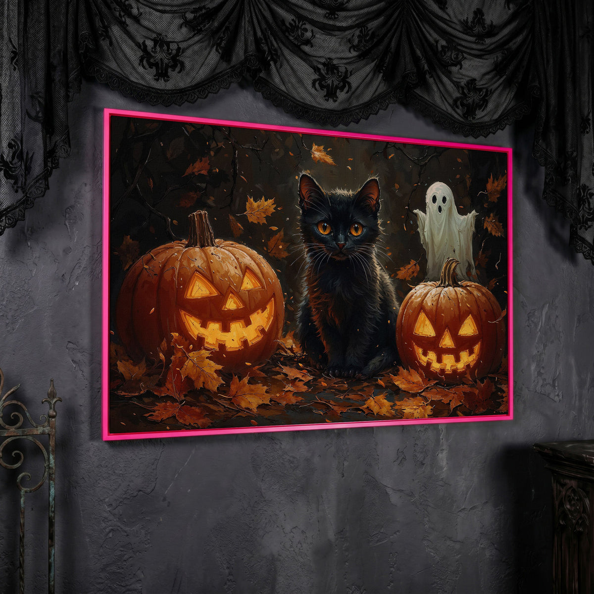 Black Cat and Jack O'Lantern Halloween Canvas in pink floating frame