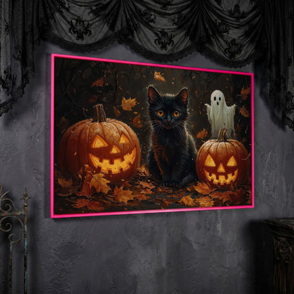 Black Cat and Jack O'Lantern Halloween Canvas in pink floating frame