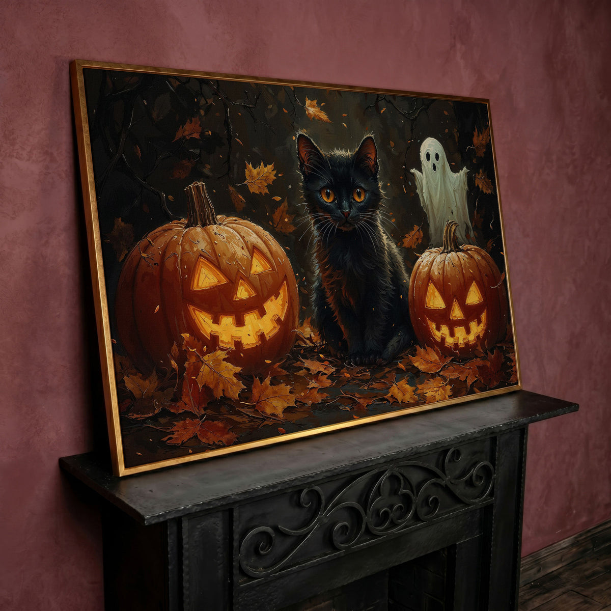 Black Cat and Jack O'Lantern Halloween Canvas in rose gold floating frame