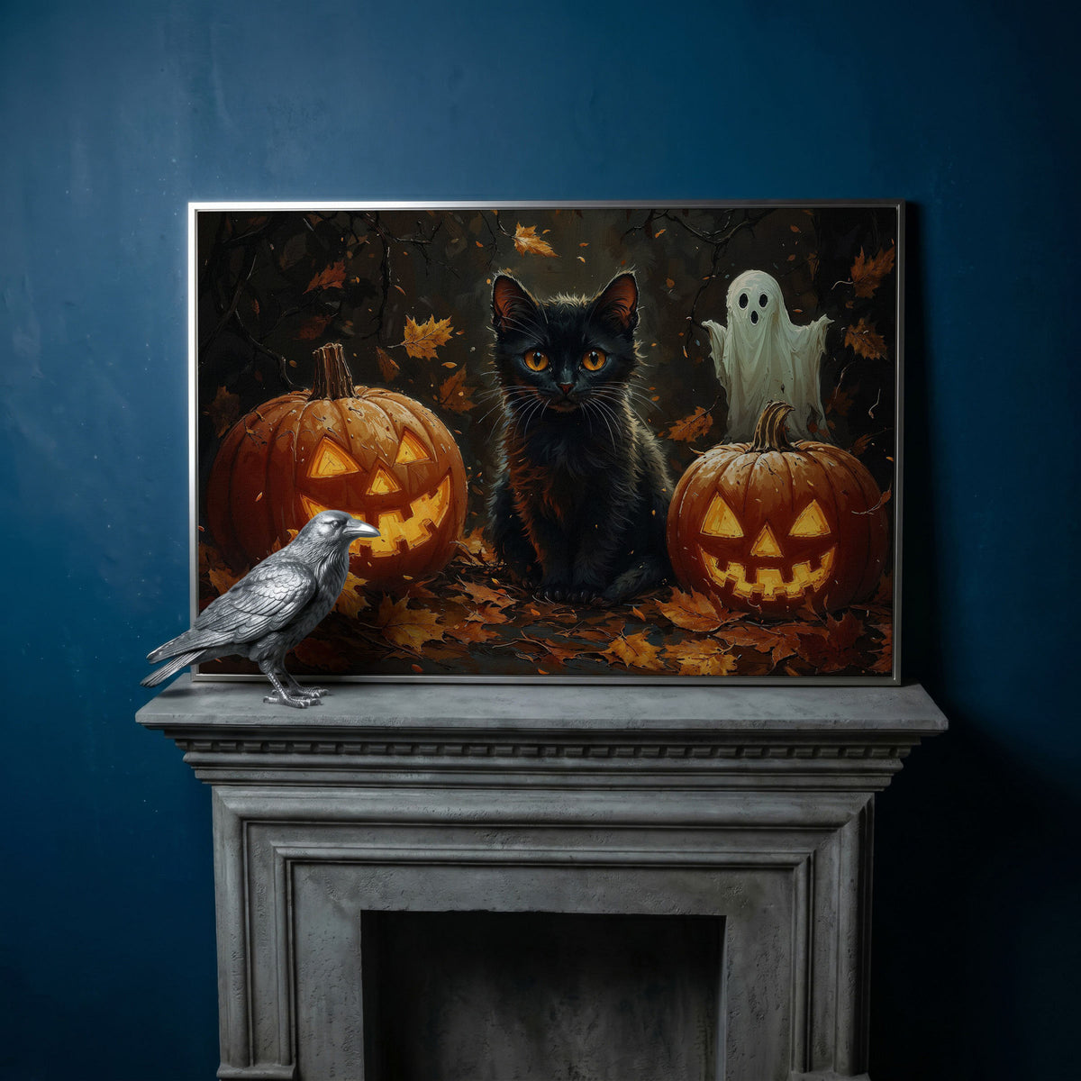 Black Cat and Jack O'Lantern Halloween Canvas in silver floating frame