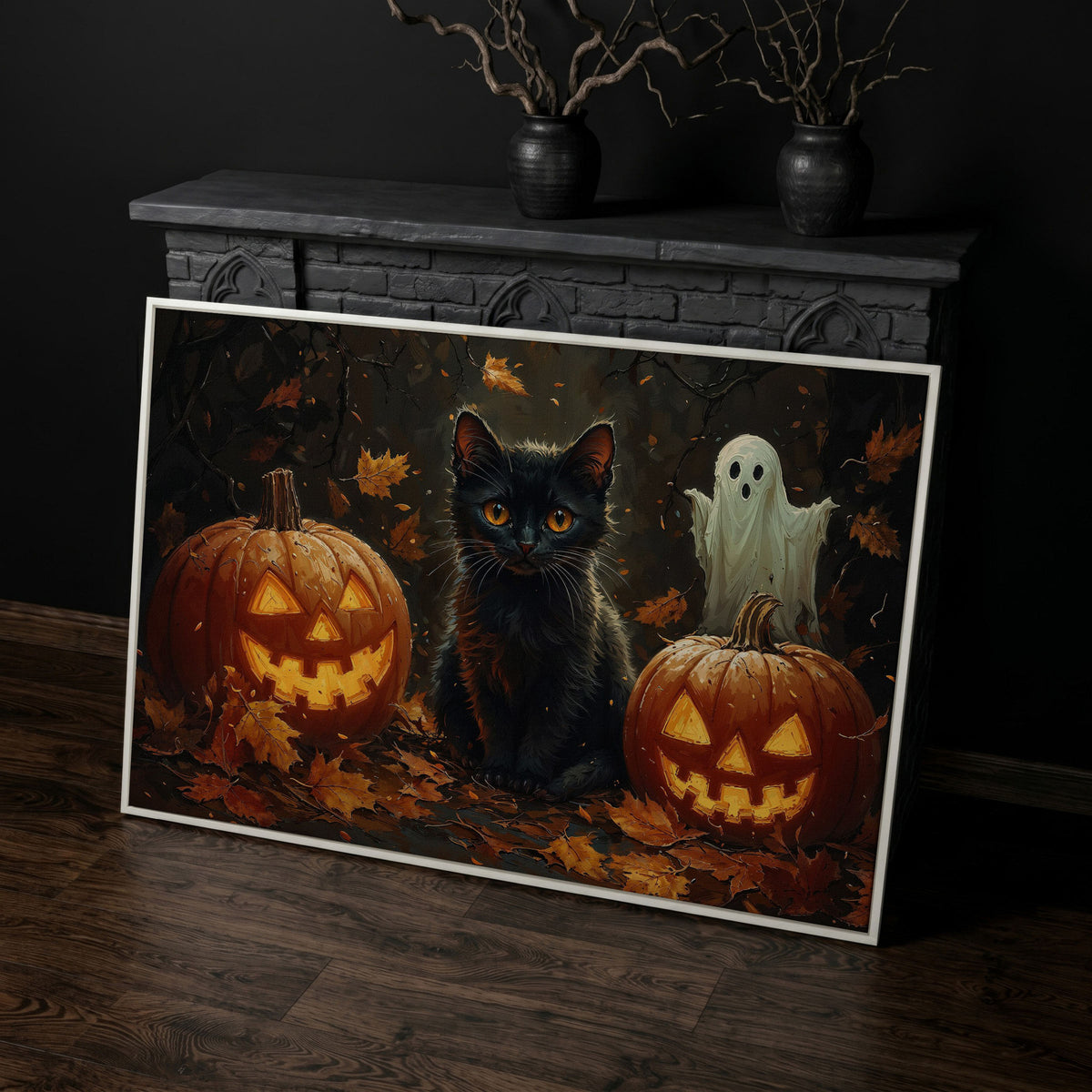 Black Cat and Jack O'Lantern Halloween Canvas in white floating frame