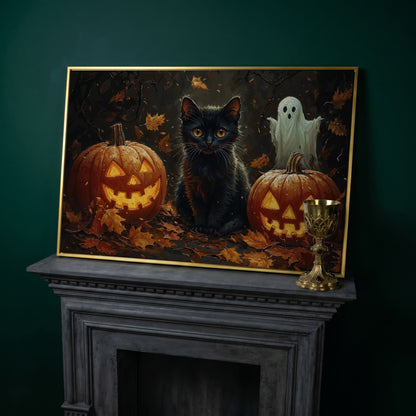 Black Cat and Jack O'Lantern Halloween Canvas in yellow gold floating frame