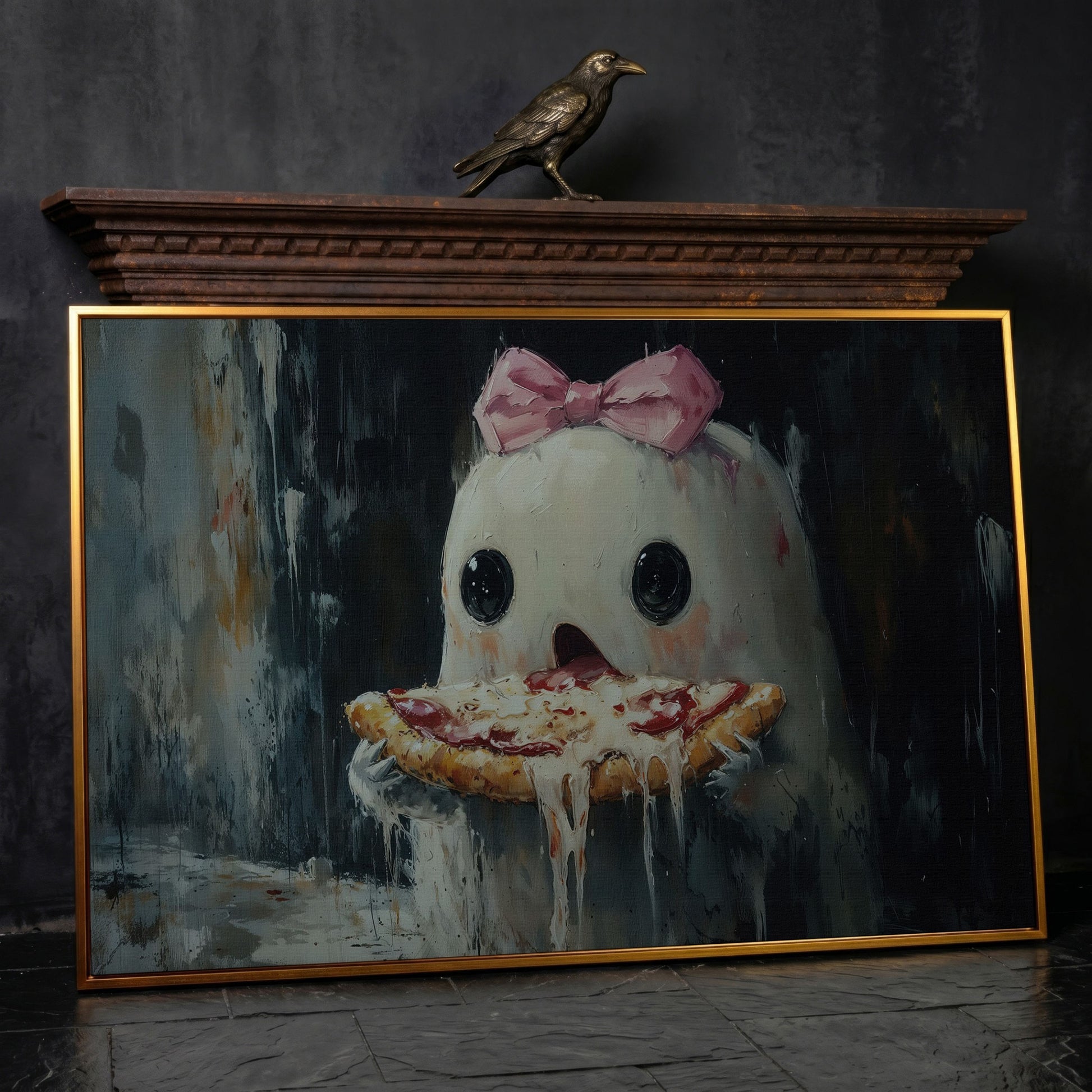 Funny Ghost Eating Pizza Canvas in antique gold floating frame