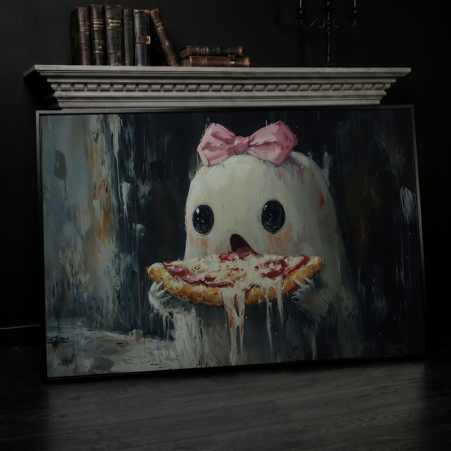 Funny Ghost Eating Pizza Canvas in black floating frame