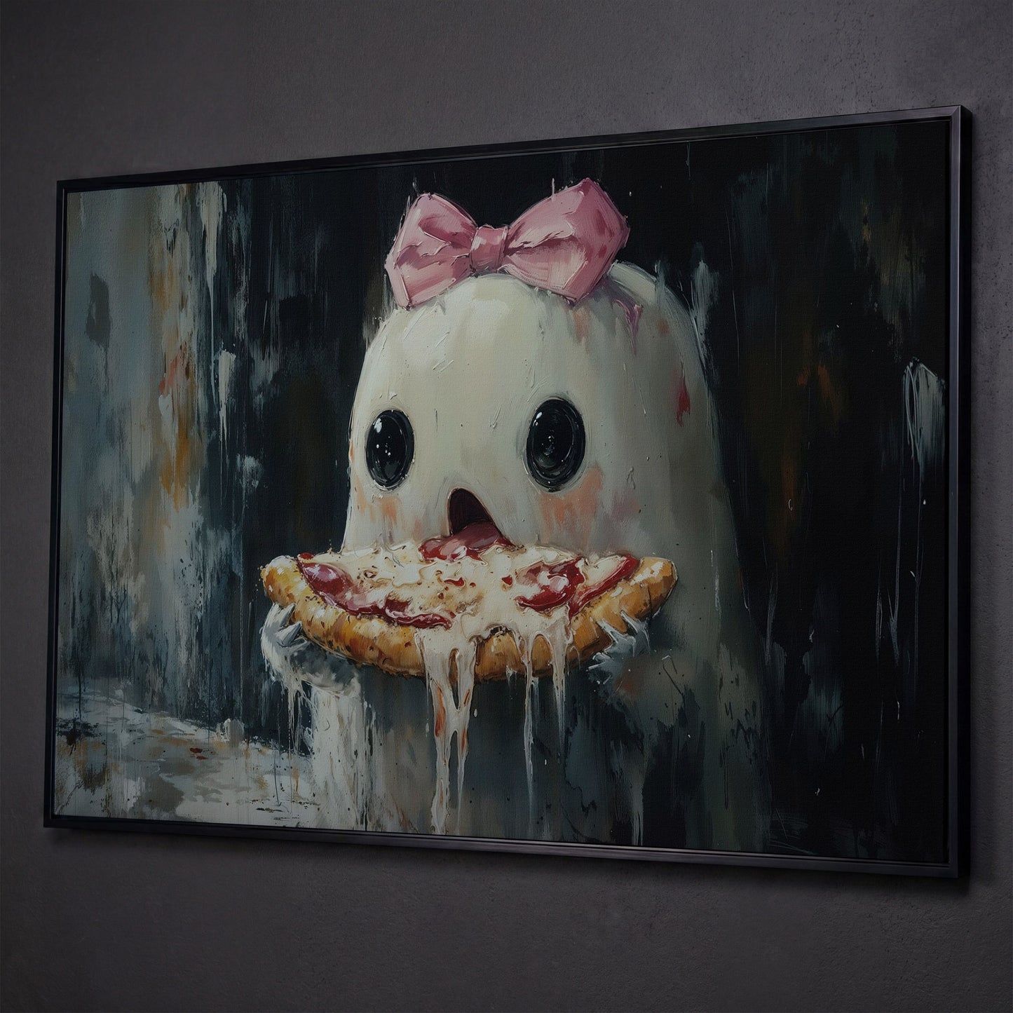 Funny Ghost Eating Pizza Canvas shown in black floating frame