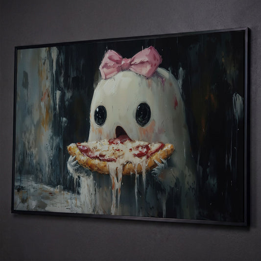 Funny Ghost Eating Pizza Canvas shown in black floating frame