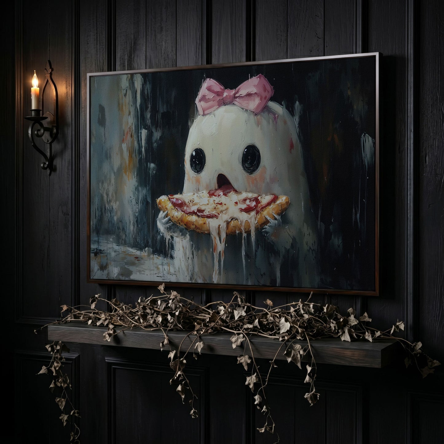 Funny Ghost Eating Pizza Canvas in dark walnut floating frame