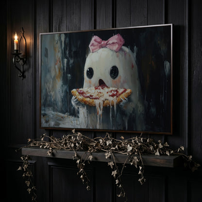 Funny Ghost Eating Pizza Canvas in dark walnut floating frame