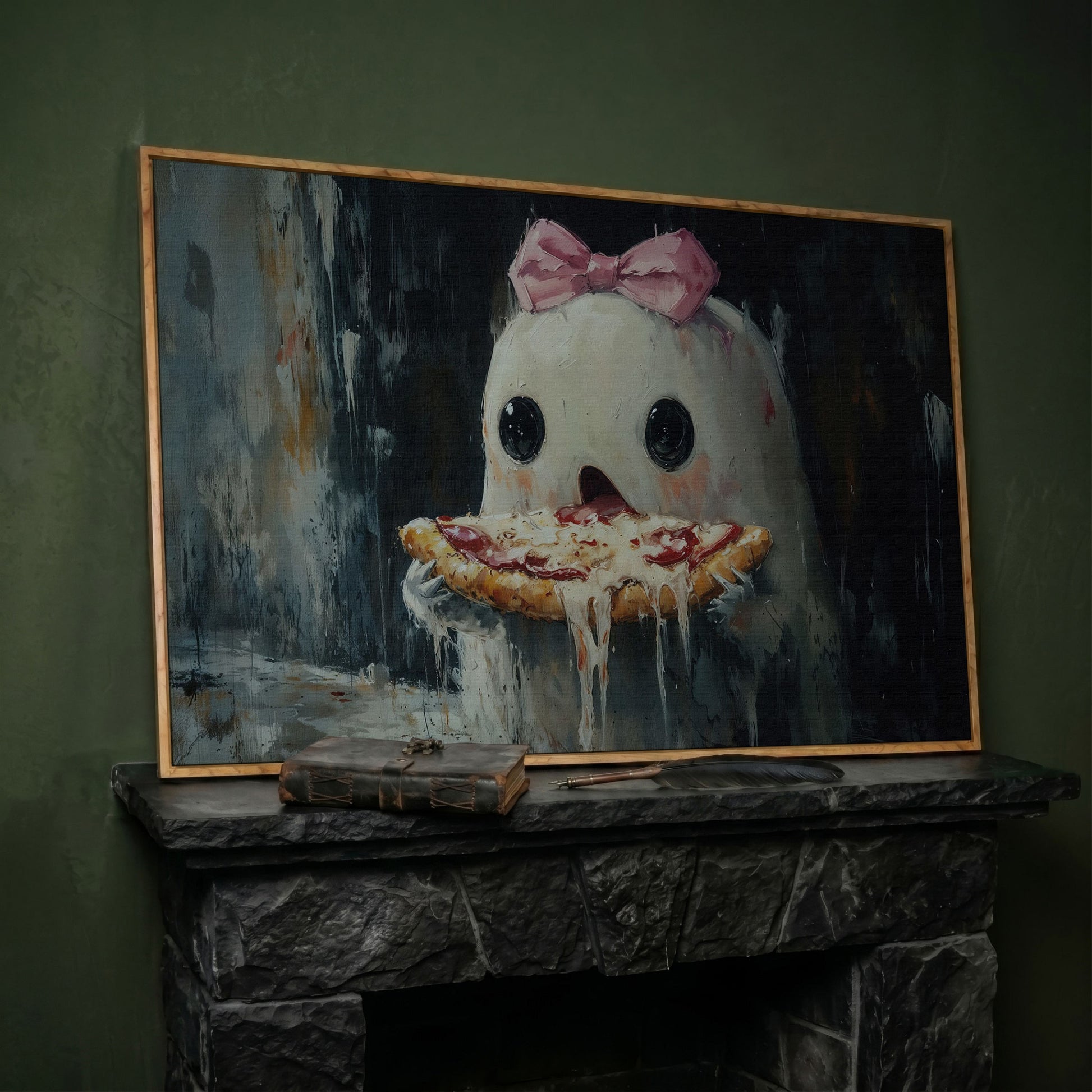 Funny Ghost Eating Pizza Canvas in white oak floating frame