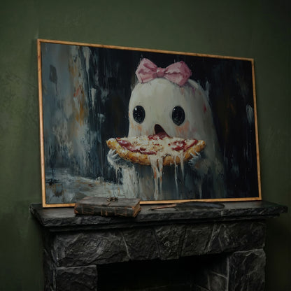 Funny Ghost Eating Pizza Canvas in white oak floating frame
