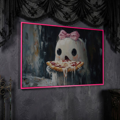 Funny Ghost Eating Pizza Canvas in pink floating frame