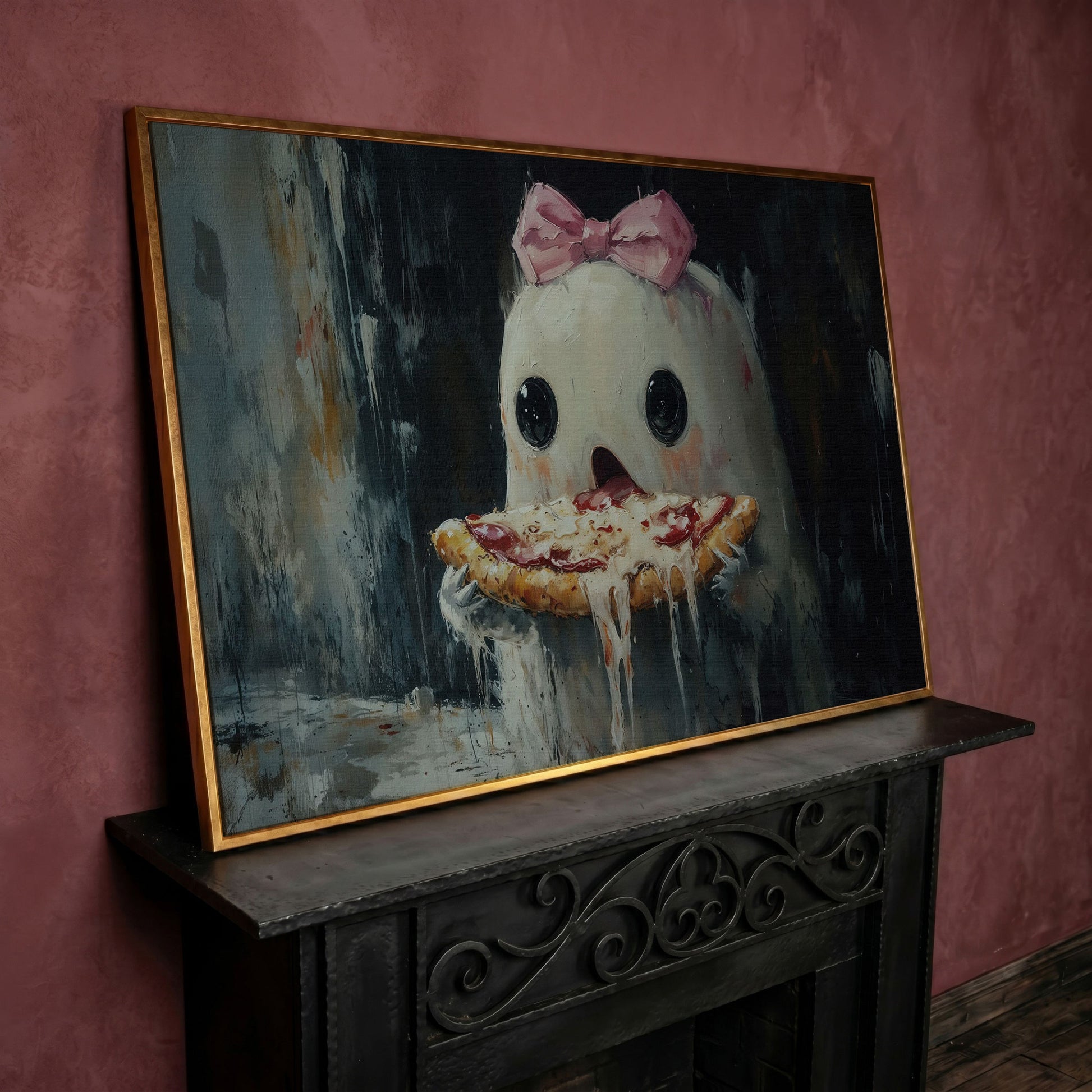 Funny Ghost Eating Pizza Canvas in rose gold floating frame