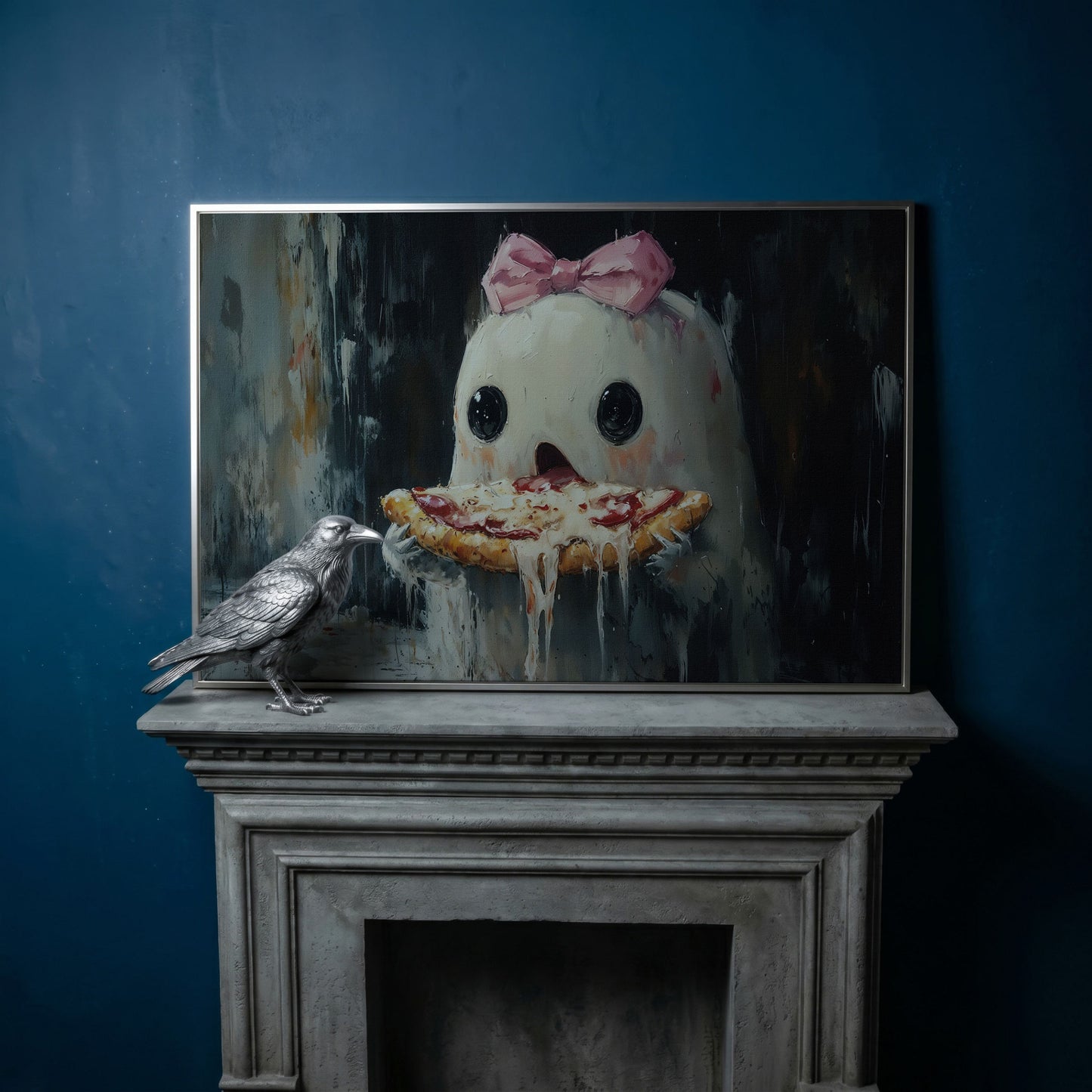 Funny Ghost Eating Pizza Canvas in silver floating frame
