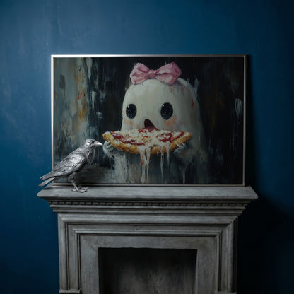 Funny Ghost Eating Pizza Canvas in silver floating frame